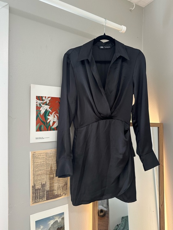 Zara Dresses & Skirts - Zara Black Satin Wrap-Style Shirt Dress